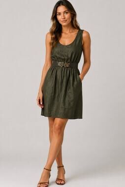 YA Los Angeles Women’s Large Army Green Belt Sleeveless A-Line Dress Rose Buckle